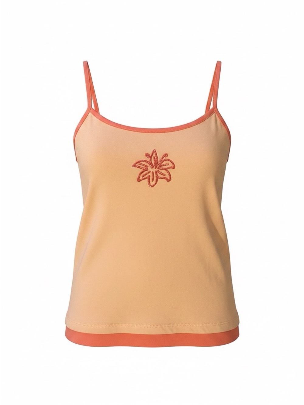 Messy Bun Just Chillin Peach Camisole Tank with Coral Trim and Floral Applique